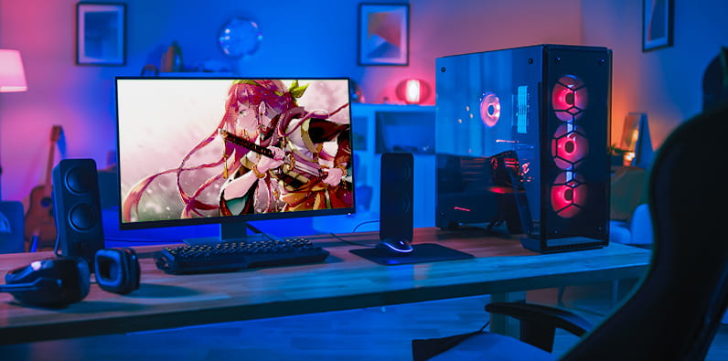 Typical room for a Streamer or Gamer with multiple monitors and LEDs